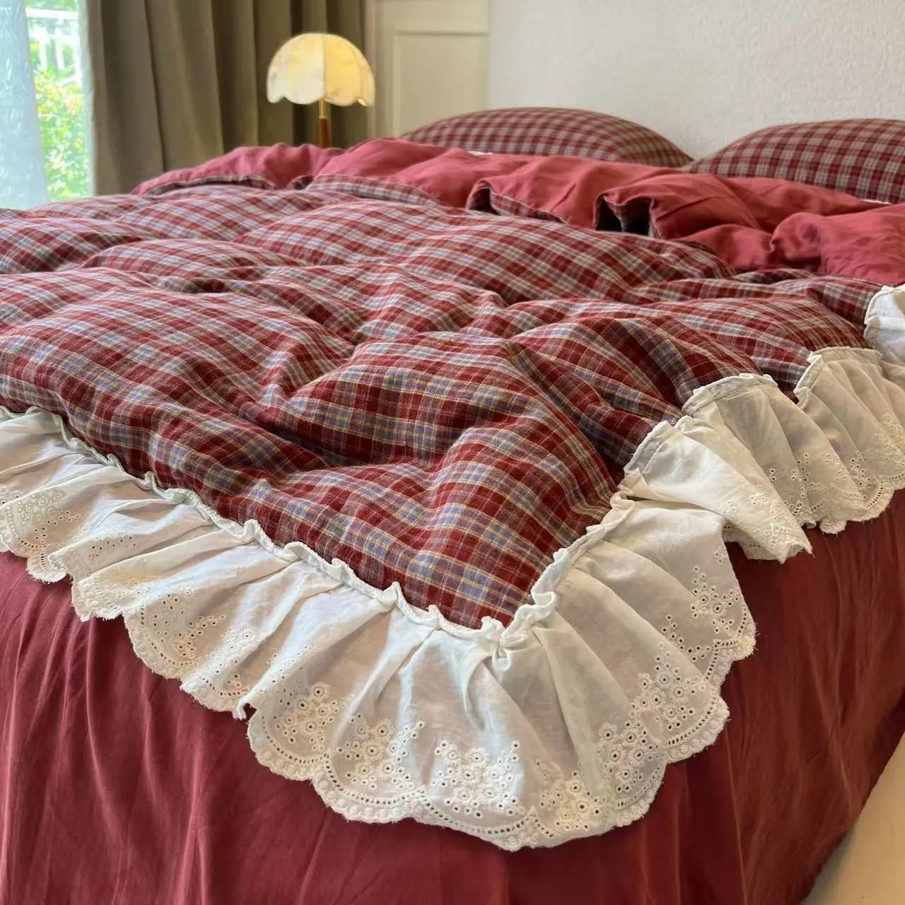 Korean-Style Red Plaid Washed  - Vintage Home Textiles recensione e prezzo